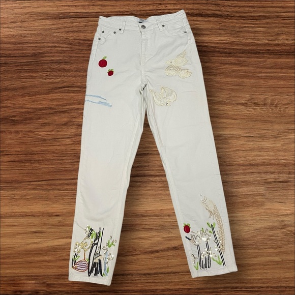 Zara Denim - Zara Custom Line Boyfriend Fit Premium White Denim Jeans w/ Embroidery & Sequins